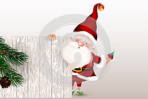 Happy smiling Santa Claus standing behind a blank sign, showing a large wooden sign.Christmas card