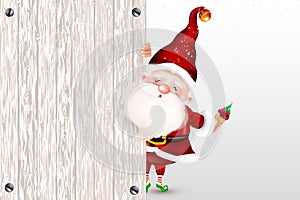Happy smiling Santa Claus standing behind a blank sign, showing a large wooden sign.Christmas card