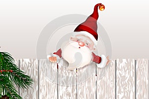 Happy smiling Santa Claus standing behind a blank sign, showing a large wooden sign.Christmas card