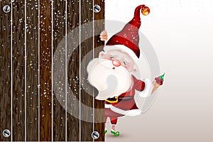 Happy smiling Santa Claus standing behind a blank sign, showing a large wooden sign.Christmas card