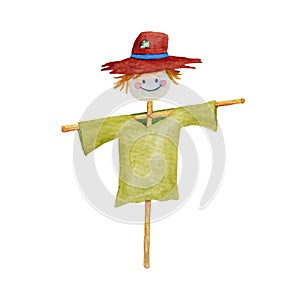 Happy smiling scarecrow character. Watercolor cartoon funny illustration isolated on white