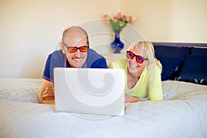 Happy smiling senior couple looking at the screen of a laptop