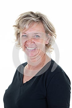 Happy smiling senior lady mature woman blond isolated on white background