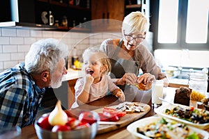 Happy smiling senior randparents playing with their granddaughter