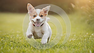 Happy smiling small breed dog in motion running on green grass in summer with space for text