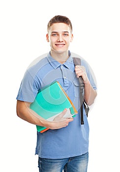 Happy smiling student with his notebook and backpack