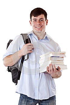 Happy smiling student with rucksack and books