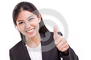 happy, smiling, successful business woman showing thumb up gesture