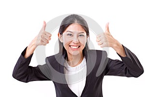 happy, smiling, successful business woman showing thumb up gesture