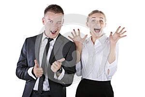 Happy smiling successful gesturing businesspeople