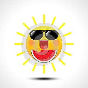 Happy smiling summer sun in sunglasses eating watermelon on white background