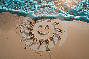 A happy smiling sun drawn in sand on a summer beach