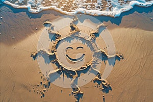 A happy smiling sun drawn in sand on a summer beach