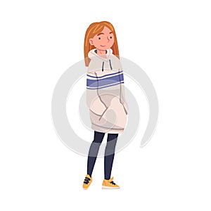 Happy Smiling Teen Girl Character Standing with Hands in Pocket of Oversized Hoody Vector Illustration
