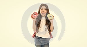 Happy smiling teen girl teener holding delicious dessert donuts doughnuts sweet food snack for dessert