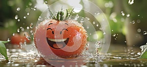 Happy smiling tomato character splashing in water, surrounded by greenery, showcasing freshness and joy, copy space for photo