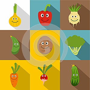 Happy smiling vegetables icons set, flat style