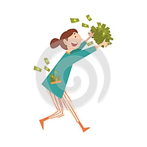 Happy Smiling Wealthy Young Woman with Lot of Money, Lucky Successful Rich Girl Vector Illustration