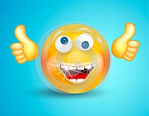 Happy smiling with white shining teeth emoticon or round face showing thumbs up or OK on bright blue background. Cartoon character