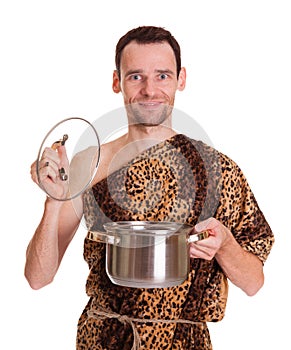 Happy smiling wild man with open stew pan