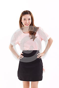 Happy, smiling woman arms akimbo with apron