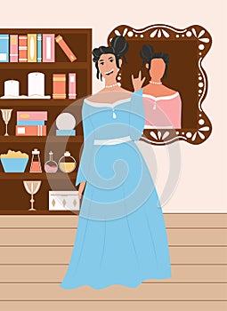 Happy smiling woman in blue dress standing in the room and showing rock sign vector flat cartoon illustration.