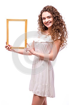 Happy smiling woman demonstrate frame,