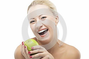 Happy Smiling Woman Dieting with Green Apple. Healthy Lifestyle, Nutritious and Organic Food Concepts