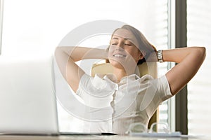 Happy smiling woman feels relaxed in office home, portrait heads