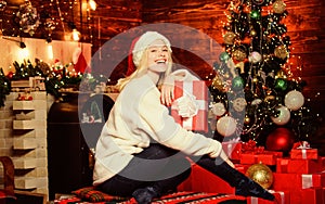 Happy smiling woman and gift box. Happy moments. Happiness and joy. Thrilling emotions. Merry christmas and happy new
