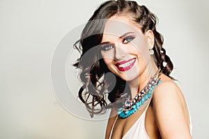 Happy Smiling Woman. Girl with Cute Smile, Curly Hair