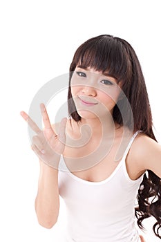 Happy, smiling woman raising, pointing her three finger up