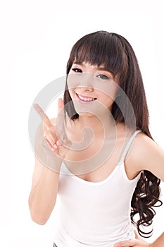 Happy, smiling woman raising, pointing two finger up, victory