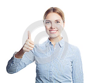 Happy smiling woman showing thumb up isolated on white background. Success in business and education concept