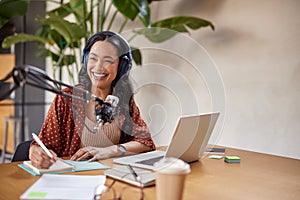 Happy smiling woman speaking on web radio