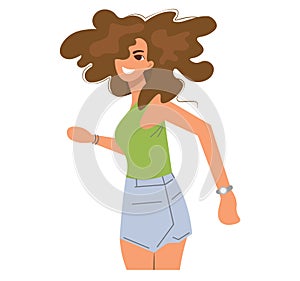 Happy smiling woman. Stylish young flyer girl in sportswear joyfully runs and laughs. Positive attitude, sports, flowing