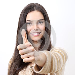 Happy smiling woman with thumbs up, gesturing like, isolated