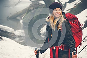 Happy smiling Woman Traveler hiking