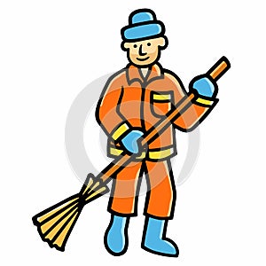 Happy smiling yardman sweeper character sweeping the yard. Vector flat cartoon illustration