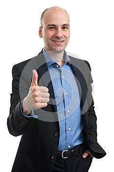 Happy smiling young business man with thumbs up gesture