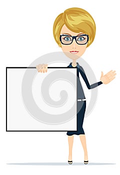 Happy Smiling Young Business Woman Holding Blank Placard. Isolated On White