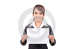 Happy smiling young business woman holding blank signboard