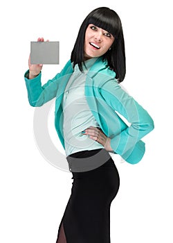 Happy smiling young business woman showing blank signboard