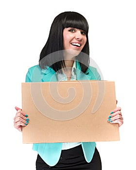 Happy smiling young business woman showing blank signboard