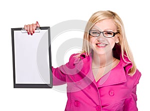 Happy smiling young business woman showing blank signboard