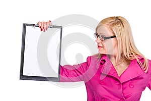 Happy smiling young business woman showing blank signboard