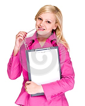 Happy smiling young business woman showing blank signboard