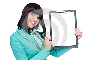 Happy smiling young business woman showing blank signboard