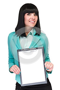 Happy smiling young business woman showing blank signboard