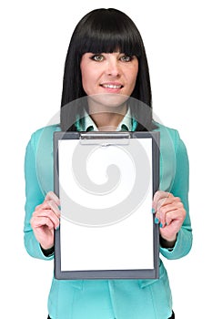 Happy smiling young business woman showing blank signboard